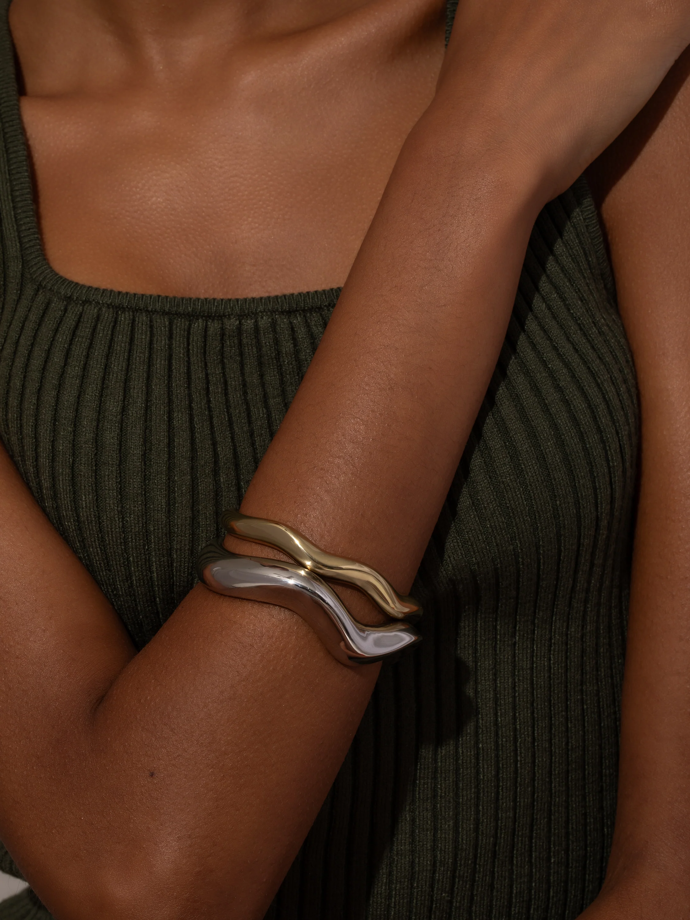Mixed Metal Wavy Cuff Bracelet (Set of 2)